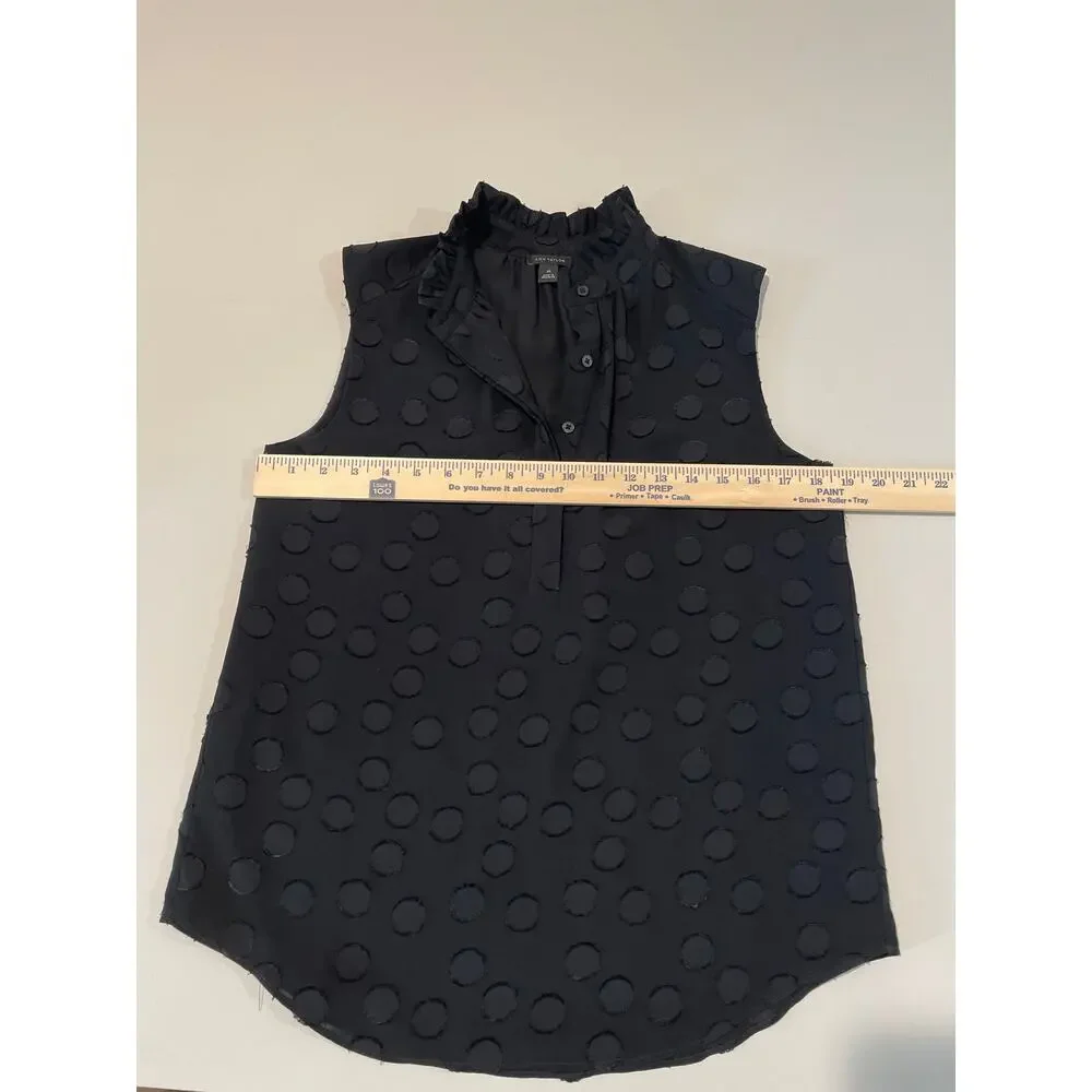 Ann Taylor Black Ruffle Neck Sleeveless Top with Polka Dot Inlay - Picture 4 of 7